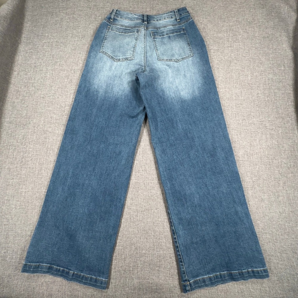 Flamingals Wide Leg Mid Waist Baggy Jeans Womens XS Blue Stitch Detail Y2K NEW - Picture 4 of 12